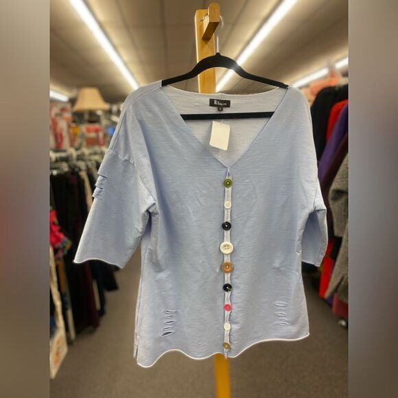 D Designs ladies Small Blue Sweater Tee w/ Multi Buttons - Picture 1 of 4